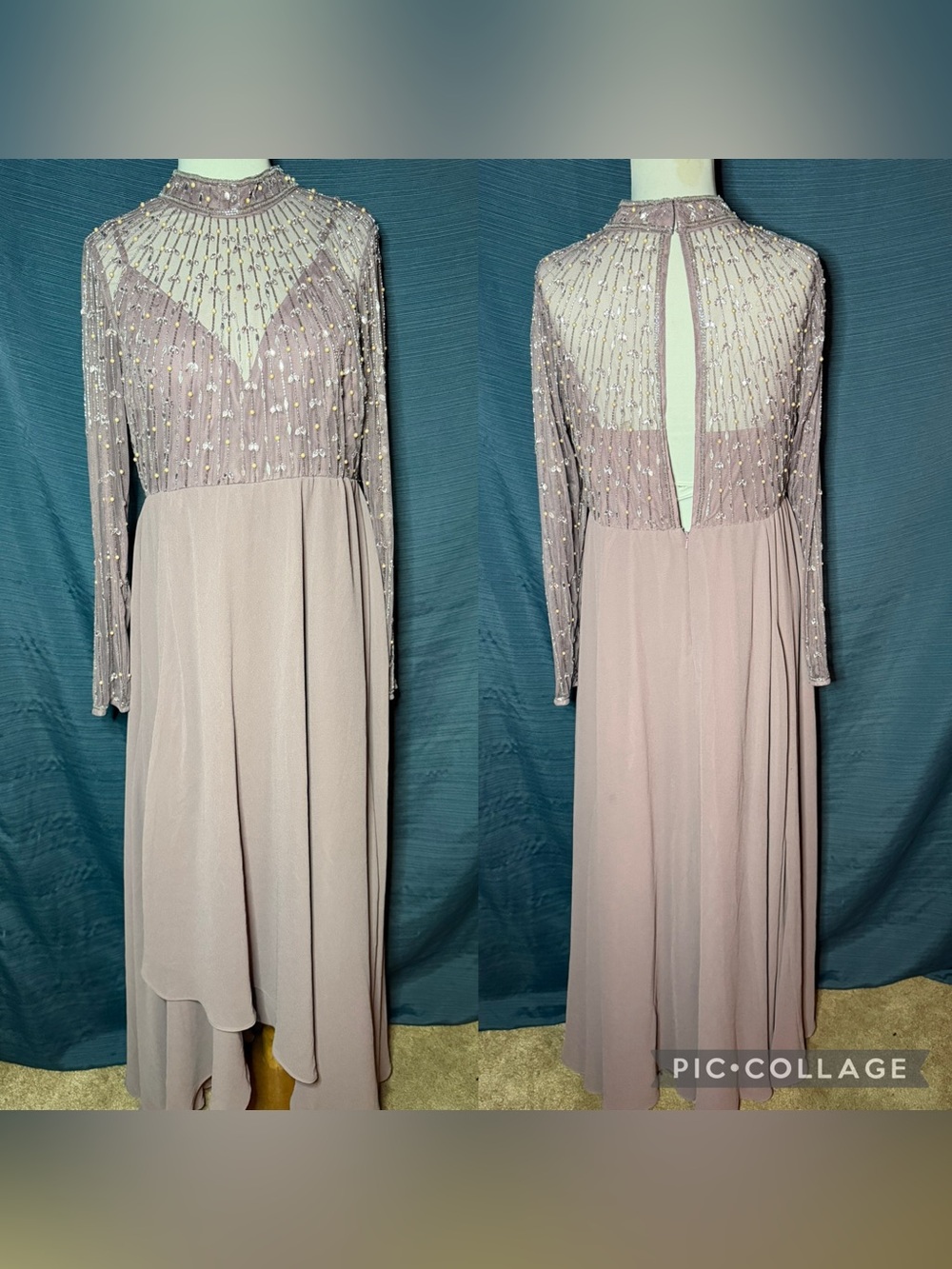 ASOS Dusty Mauve Beaded Long Sleeve Evening Gown